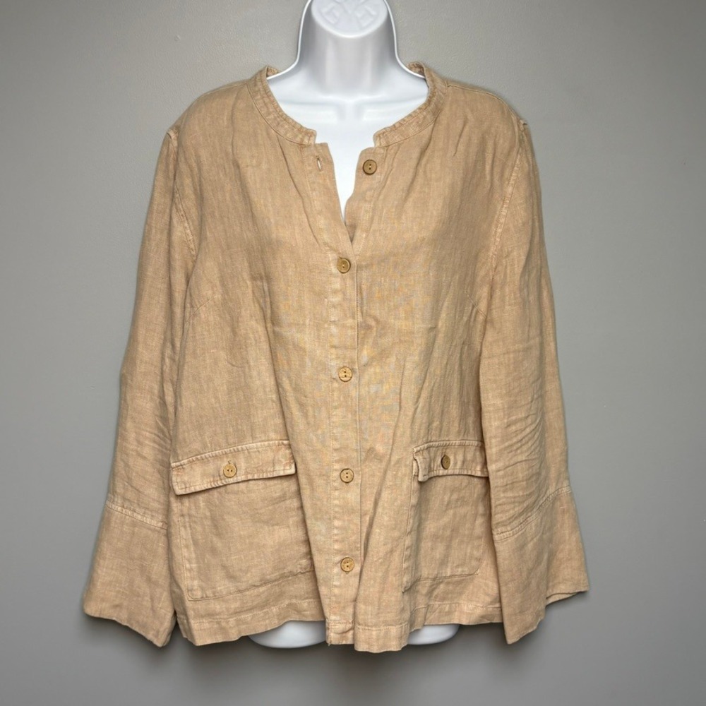 Tahari 100% Linen Tan Minimalist Capsule Lightweight Blazer Sz L‎